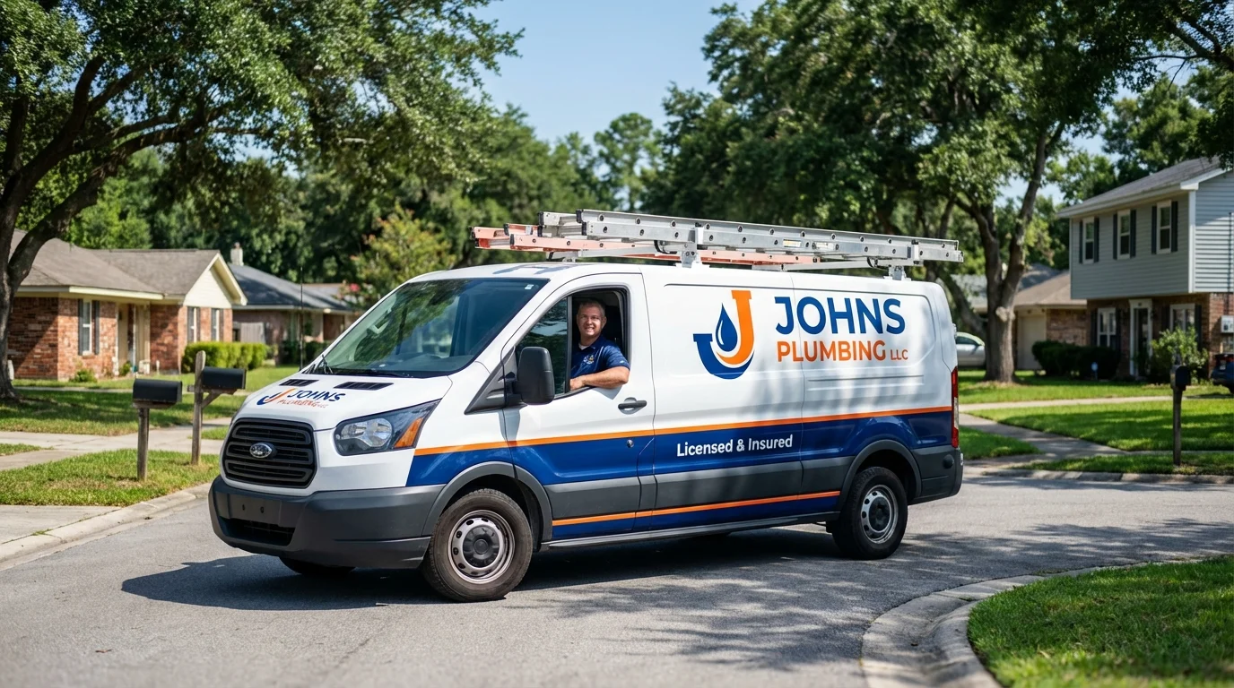 Johns Plumbing LLC service van in Pleasantville, IA