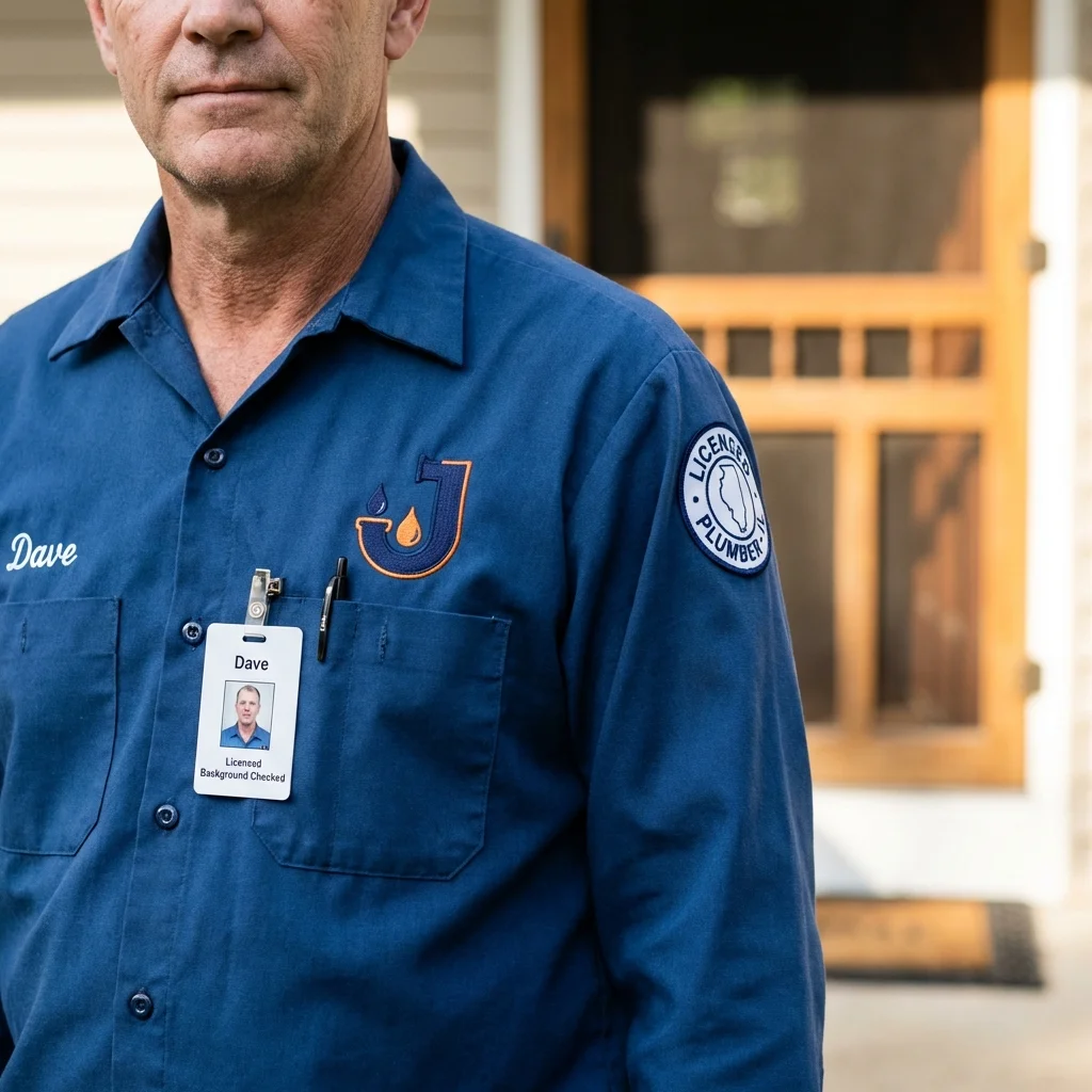 Licensed plumber showing ID badge in Pleasantville, IA