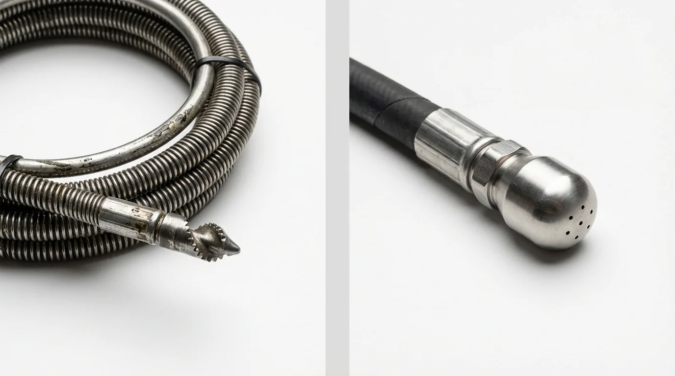 Drain snake cable and hydro jetting nozzle used for drain cleaning in Pleasantville, IA