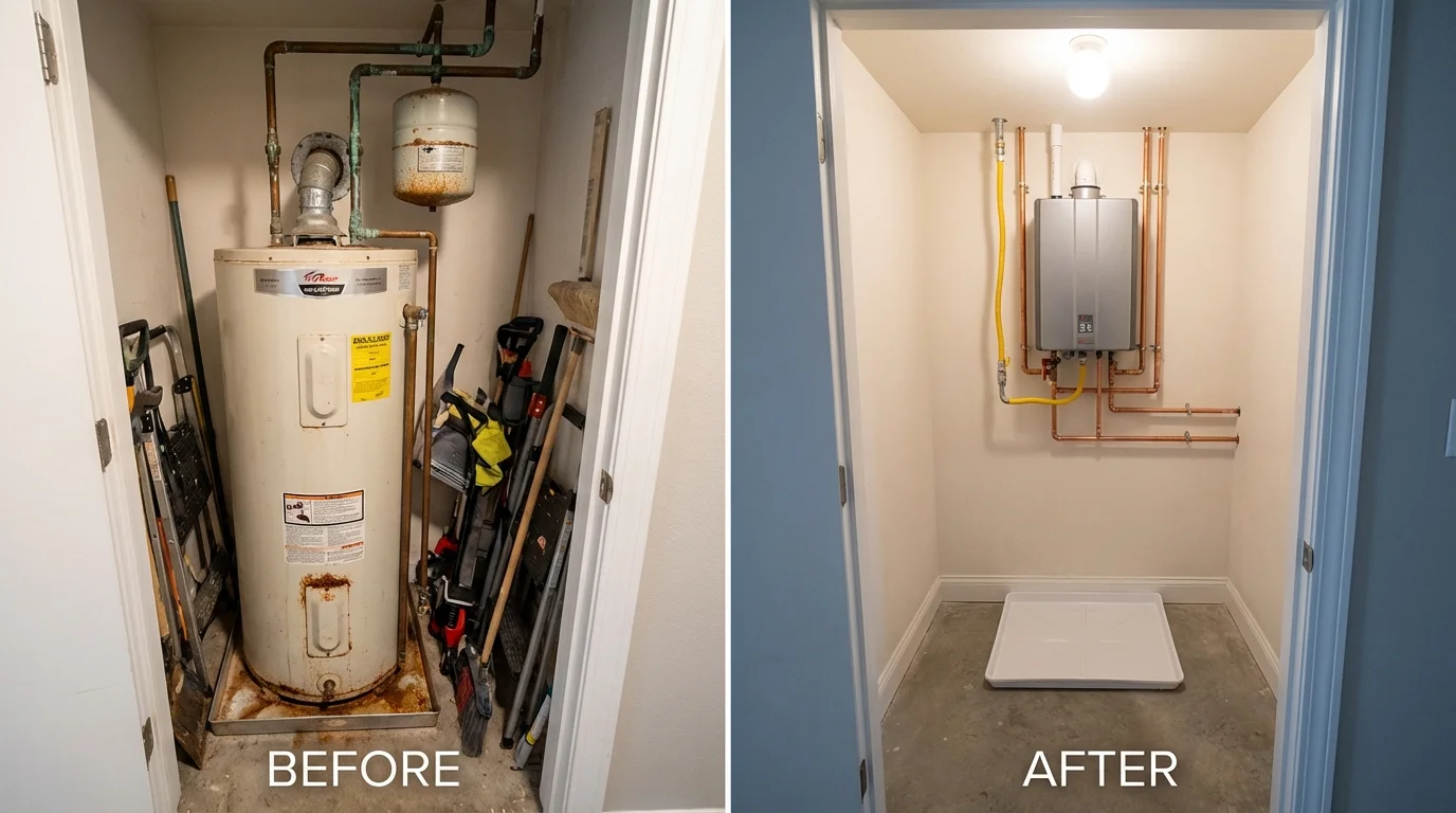 Tank water heater versus wall-mounted tankless unit comparison for Pleasantville, IA homeowners