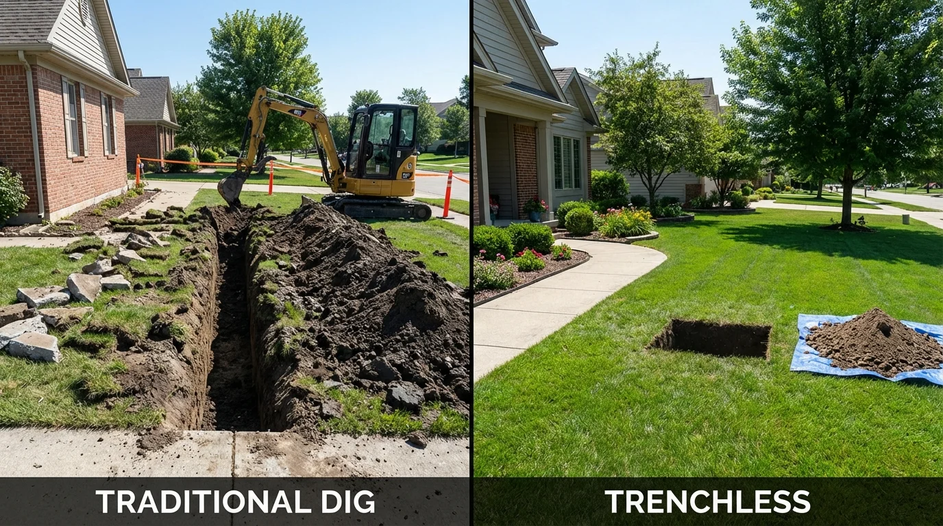 Trenchless sewer repair with minimal yard damage versus traditional excavation in Pleasantville, IA