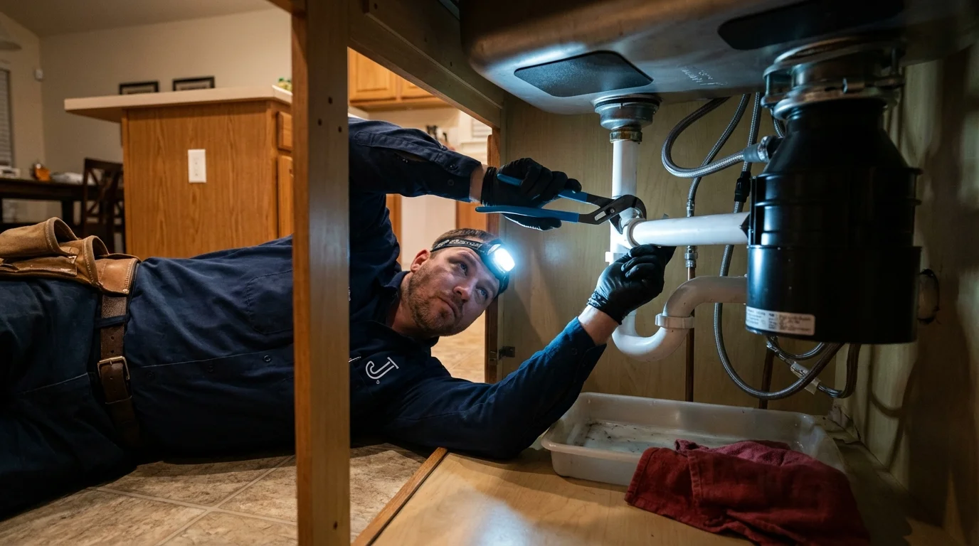 P-trap and supply line connections under a kitchen sink showing a common leak point in Pleasantville, IA